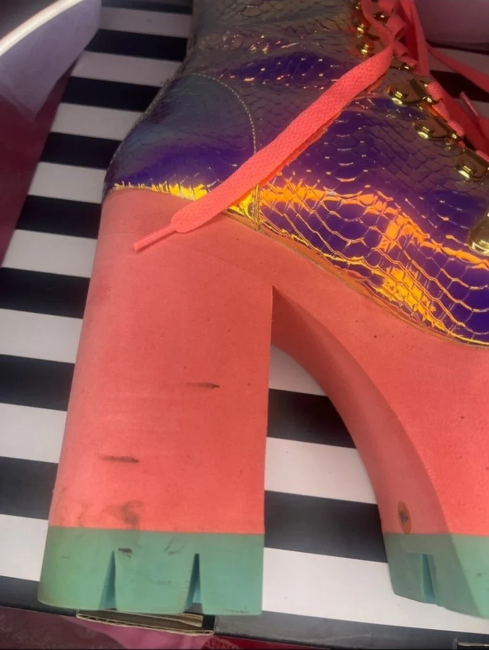 Dolls Kill Iridescent Purple Lace-Up Platform Boots with Coral Laces Size 7